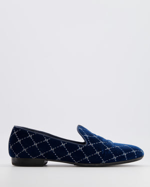Chanel Navy Velours Loafers with Silver Diamond Stitch Pattern and CC Logos Size EU 40C