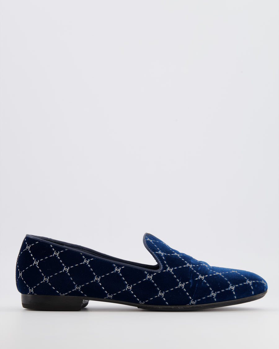 Chanel Navy Velours Loafers with Silver Diamond Stitch Pattern and CC Logos Size EU 40C