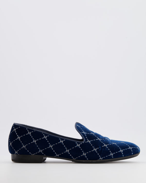 Chanel Navy Velours Loafers with Silver Diamond Stitch Pattern and CC Logos Size EU 40C