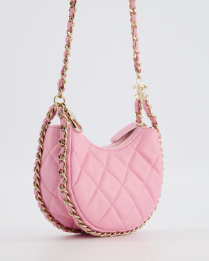 Chanel Bright Pink Small Half Moon Hobo Bag with Champagne Gold Chain All Around Detail