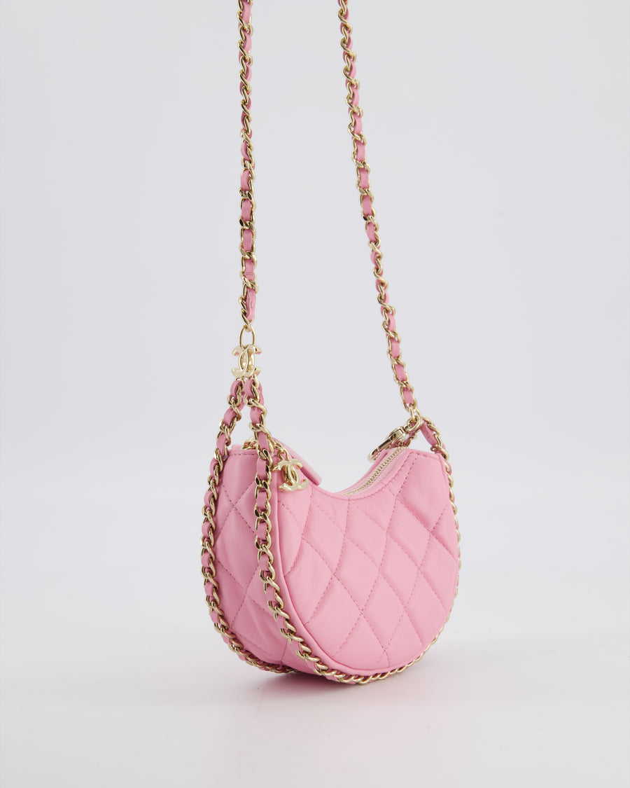 Chanel Bright Pink Small Half Moon Hobo Bag with Champagne Gold Chain All Around Detail