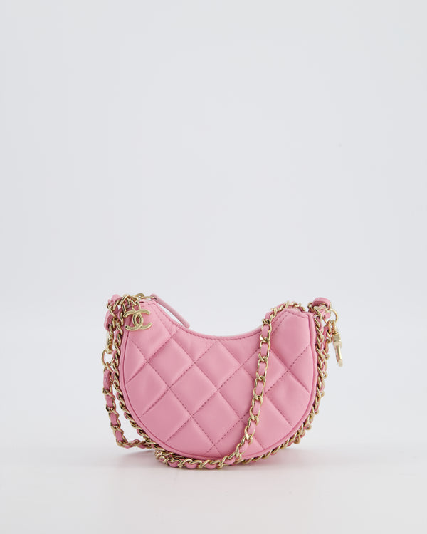Chanel Bright Pink Small Half Moon Hobo Bag with Champagne Gold Chain All Around Detail