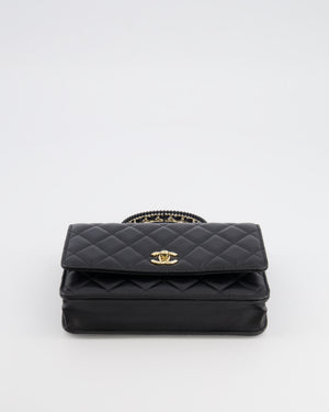 Chanel Black Wallet on Chain Bag with Chain Quilted Top Handle in Lambskin Leather with Champagne Gold Hardware