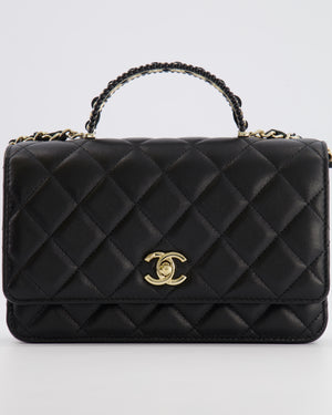Chanel Black Wallet on Chain Bag with Chain Quilted Top Handle in Lambskin Leather with Champagne Gold Hardware