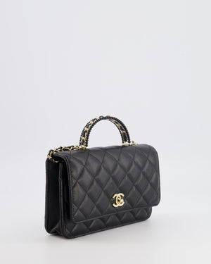 Chanel Black Wallet on Chain Bag with Chain Quilted Top Handle in Lambskin Leather with Champagne Gold Hardware
