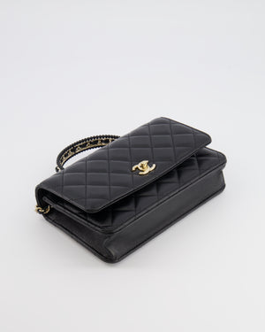Chanel Black Wallet on Chain Bag with Chain Quilted Top Handle in Lambskin Leather with Champagne Gold Hardware