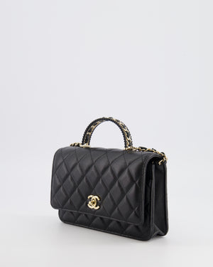 Chanel Black Wallet on Chain Bag with Chain Quilted Top Handle in Lambskin Leather with Champagne Gold Hardware