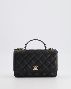Chanel Black Wallet on Chain Bag with Chain Quilted Top Handle in Lambskin Leather with Champagne Gold Hardware