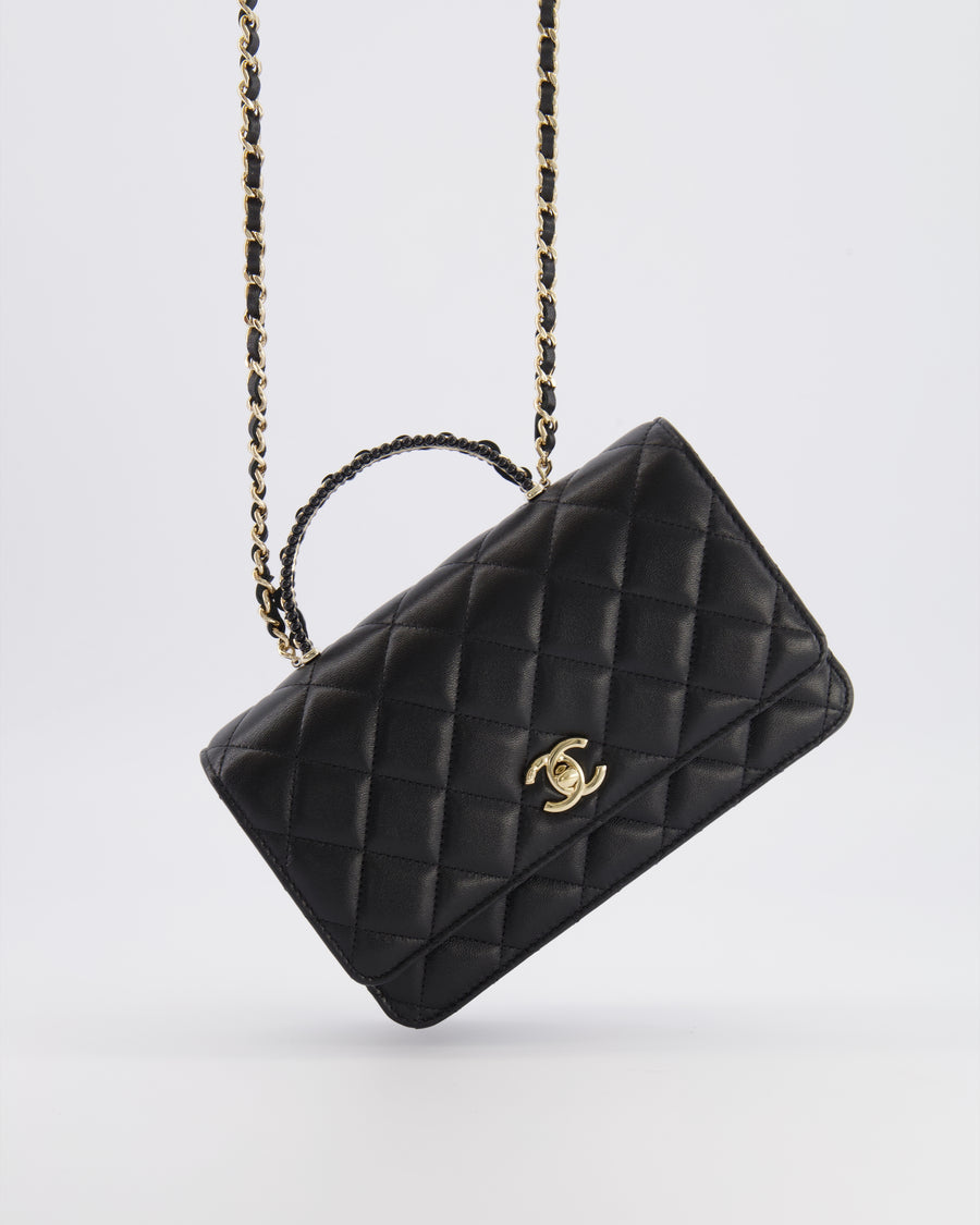 Chanel Black Wallet on Chain Bag with Chain Quilted Top Handle in Lambskin Leather with Champagne Gold Hardware