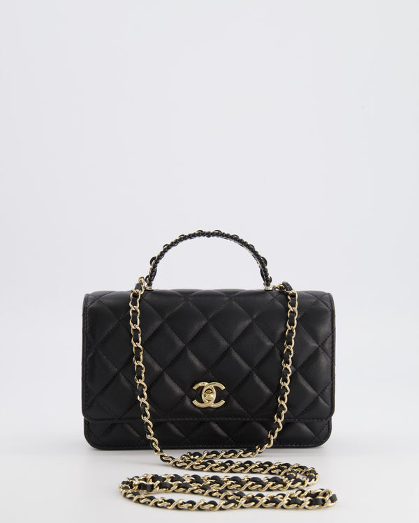 Chanel Black Wallet on Chain Bag with Chain Quilted Top Handle in Lambskin Leather with Champagne Gold Hardware