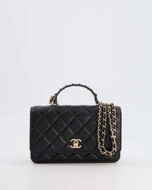 Chanel Black Wallet on Chain Bag with Chain Quilted Top Handle in Lambskin Leather with Champagne Gold Hardware