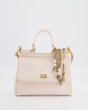 Dolce & Gabbana Light Pink Iguana Embossed Leather Small Sicily Bag with Mixed Hardware and Crystal Pearl Chain