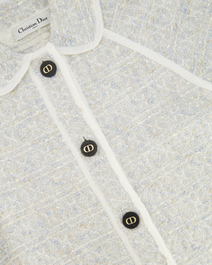 Christian Dior Light Blue Tweed Macrocannage Short-sleeved Jacket with CD Logo Buttons Size FR 34 (UK 6) RRP £2,300