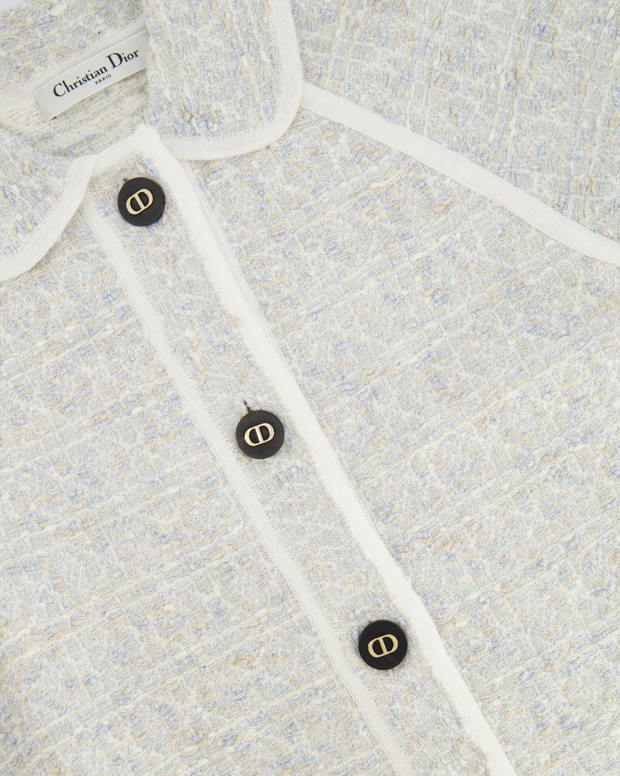Christian Dior Light Blue Tweed Macrocannage Short-sleeved Jacket with CD Logo Buttons Size FR 34 (UK 6) RRP £2,300
