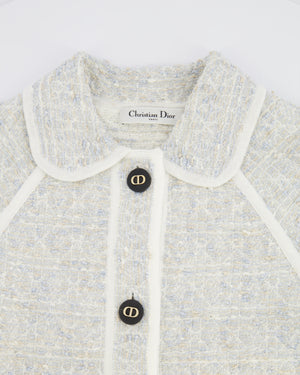 Christian Dior Light Blue Tweed Macrocannage Short-sleeved Jacket with CD Logo Buttons Size FR 34 (UK 6) RRP £2,300