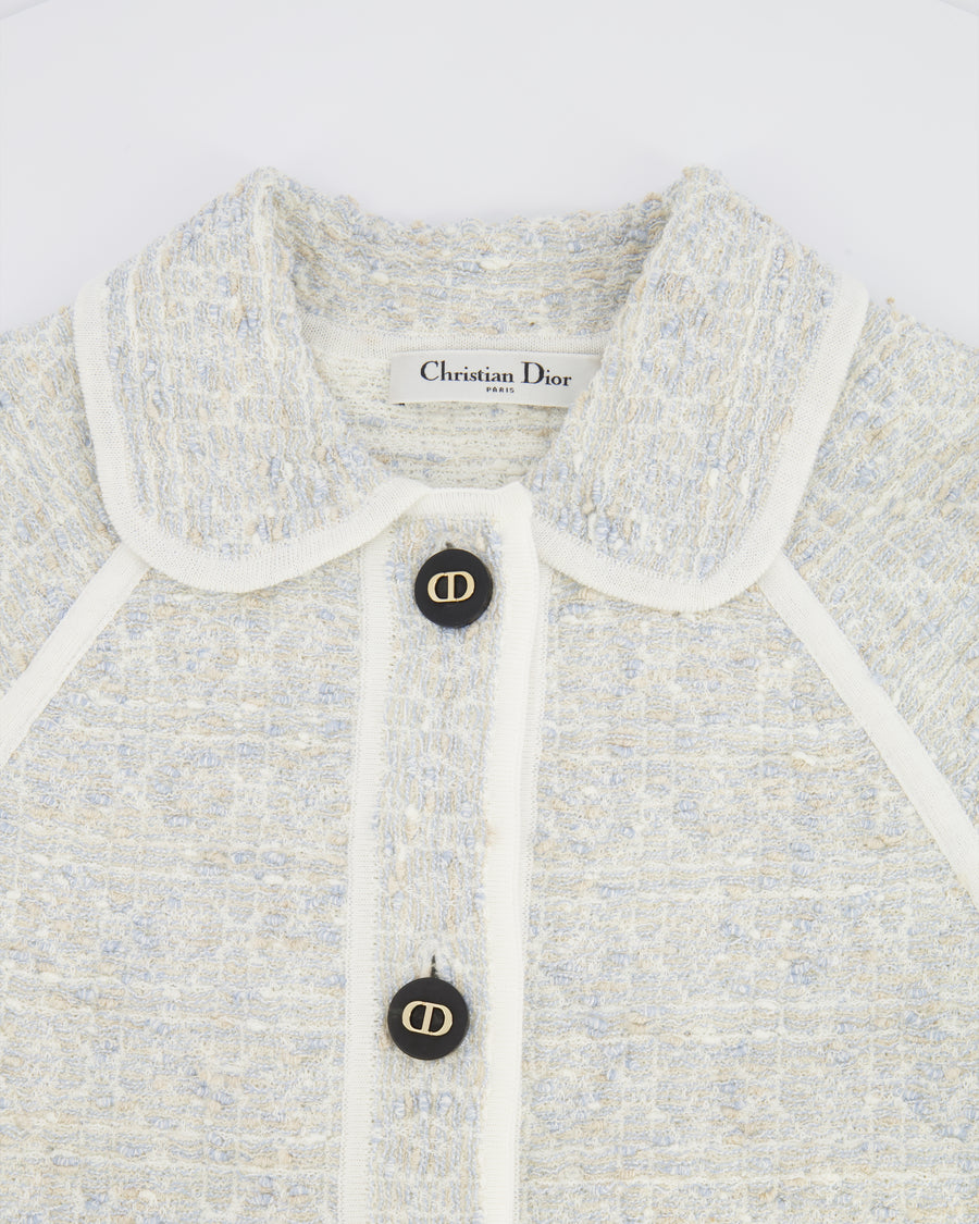 Christian Dior Light Blue Tweed Macrocannage Short-sleeved Jacket with CD Logo Buttons Size FR 34 (UK 6) RRP £2,300