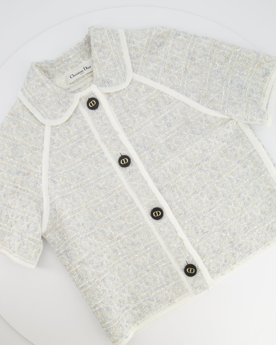 Christian Dior Light Blue Tweed Macrocannage Short-sleeved Jacket with CD Logo Buttons Size FR 34 (UK 6) RRP £2,300