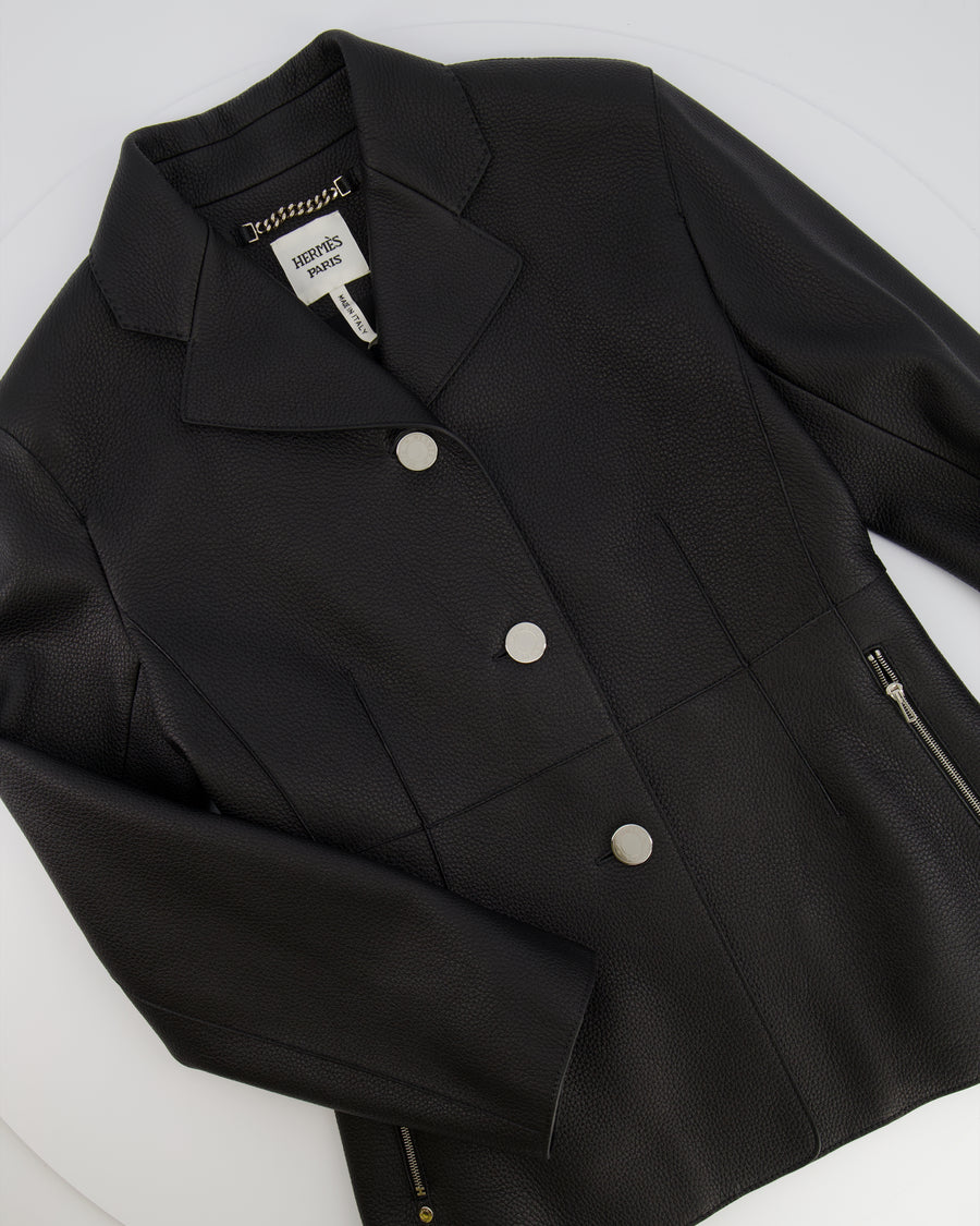 Hermès Black Leather Equestrian Jacket with Palladium Buttons Size FR 34 (UK 6) RRP £7,360