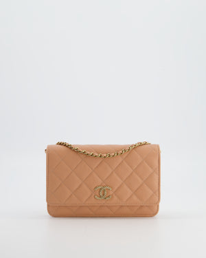 Chanel Peach Wallet on Chain Bag in Caviar Leather with Champagne Gold Hardware and Cage Detail Logo
