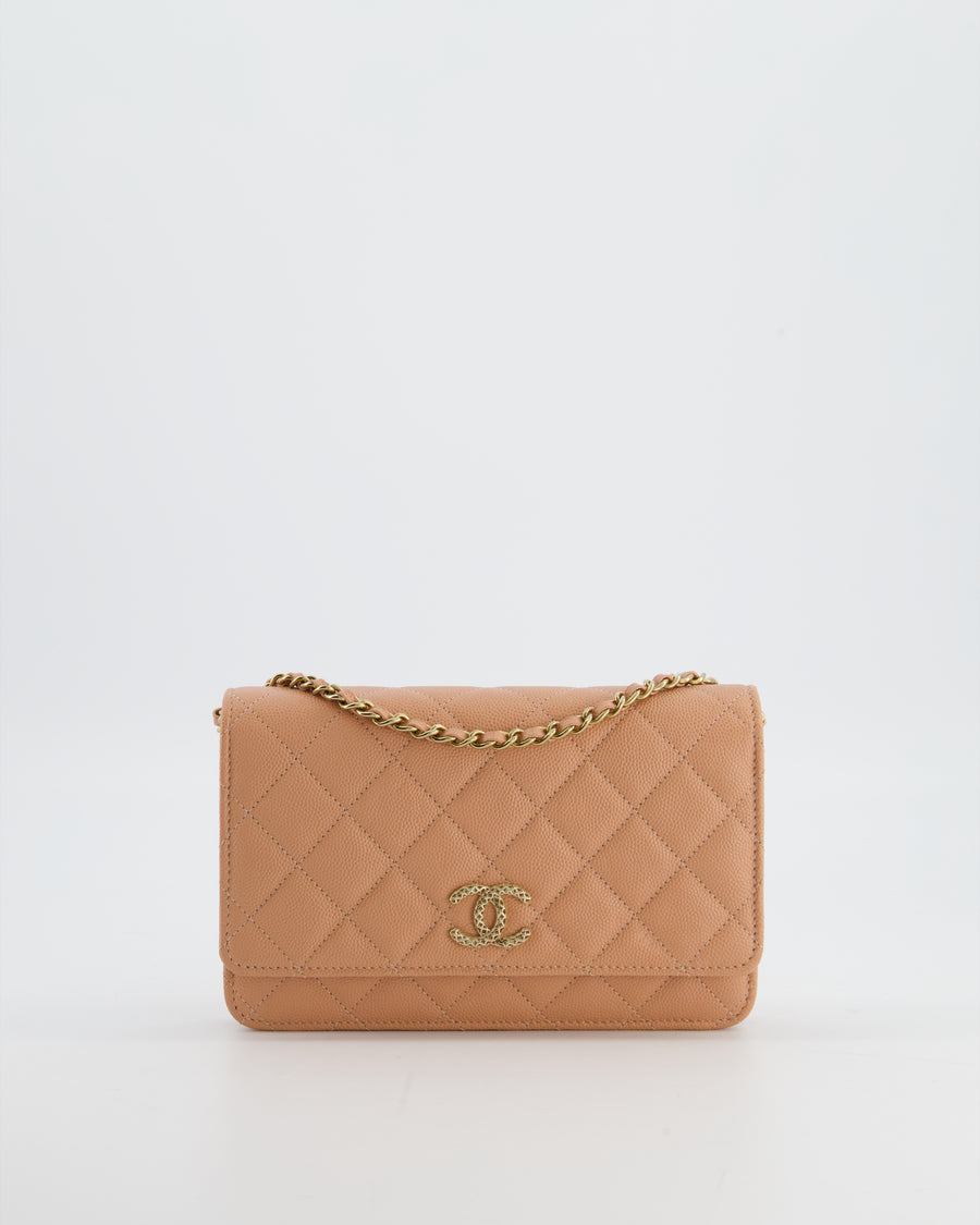 Chanel Peach Wallet on Chain Bag in Caviar Leather with Champagne Gold Hardware and Cage Detail Logo
