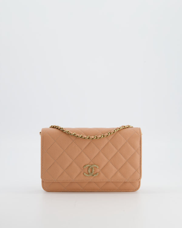 Chanel Peach Wallet on Chain Bag in Caviar Leather with Champagne Gold Hardware and Cage Detail Logo