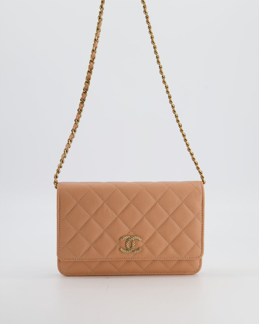 Chanel Peach Wallet on Chain Bag in Caviar Leather with Champagne Gold Hardware and Cage Detail Logo