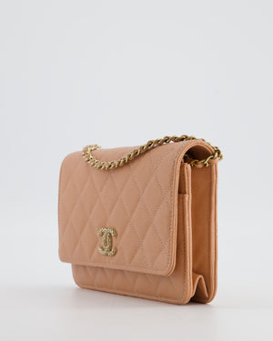 Chanel Peach Wallet on Chain Bag in Caviar Leather with Champagne Gold Hardware and Cage Detail Logo