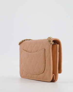 Chanel Peach Wallet on Chain Bag in Caviar Leather with Champagne Gold Hardware and Cage Detail Logo