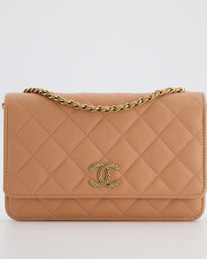 Chanel Peach Wallet on Chain Bag in Caviar Leather with Champagne Gold Hardware and Cage Detail Logo