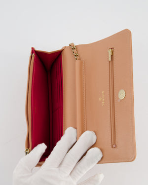 Chanel Peach Wallet on Chain Bag in Caviar Leather with Champagne Gold Hardware and Cage Detail Logo