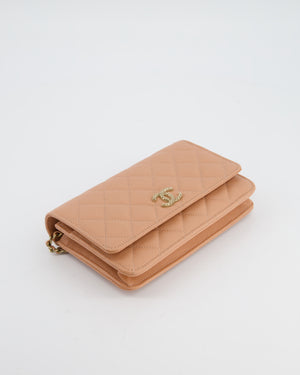 Chanel Peach Wallet on Chain Bag in Caviar Leather with Champagne Gold Hardware and Cage Detail Logo