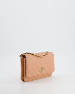 Chanel Peach Wallet on Chain Bag in Caviar Leather with Champagne Gold Hardware and Cage Detail Logo