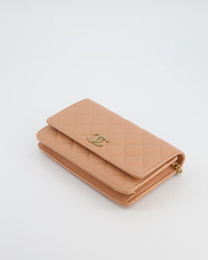 Chanel Peach Wallet on Chain Bag in Caviar Leather with Champagne Gold Hardware and Cage Detail Logo