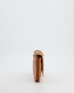 Chanel Peach Wallet on Chain Bag in Caviar Leather with Champagne Gold Hardware and Cage Detail Logo
