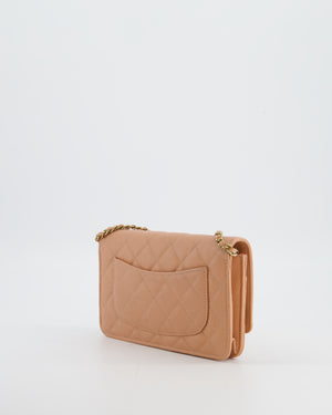 Chanel Peach Wallet on Chain Bag in Caviar Leather with Champagne Gold Hardware and Cage Detail Logo