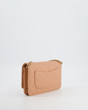 Chanel Peach Wallet on Chain Bag in Caviar Leather with Champagne Gold Hardware and Cage Detail Logo