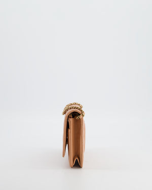Chanel Peach Wallet on Chain Bag in Caviar Leather with Champagne Gold Hardware and Cage Detail Logo
