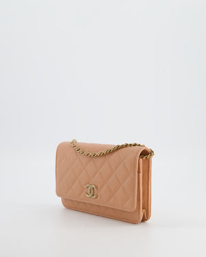 Chanel Peach Wallet on Chain Bag in Caviar Leather with Champagne Gold Hardware and Cage Detail Logo