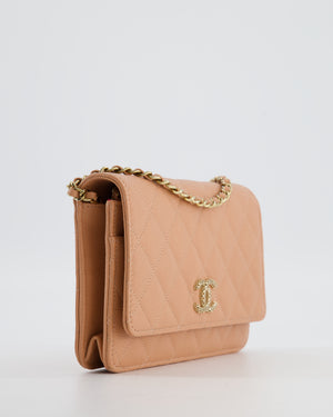 Chanel Peach Wallet on Chain Bag in Caviar Leather with Champagne Gold Hardware and Cage Detail Logo