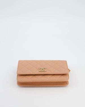 Chanel Peach Wallet on Chain Bag in Caviar Leather with Champagne Gold Hardware and Cage Detail Logo