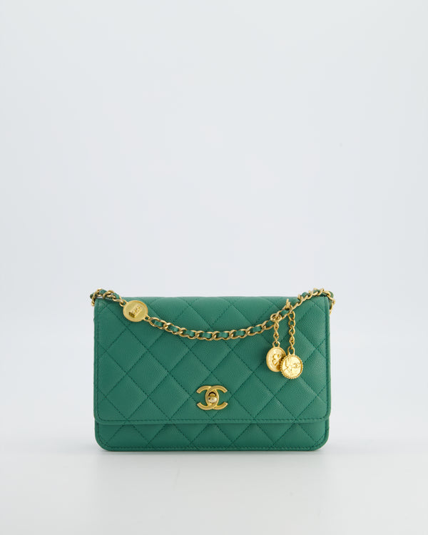 Chanel Teal Wallet on Chain Bag in Caviar Leather with Brushed Gold Hardware and Medallion Chain