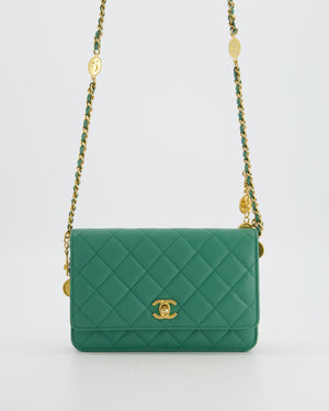 Chanel Teal Wallet on Chain Bag in Caviar Leather with Brushed Gold Hardware and Medallion Chain