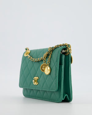 Chanel Teal Wallet on Chain Bag in Caviar Leather with Brushed Gold Hardware and Medallion Chain