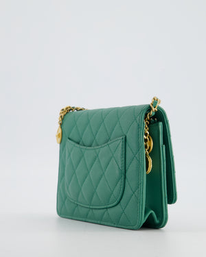 Chanel Teal Wallet on Chain Bag in Caviar Leather with Brushed Gold Hardware and Medallion Chain