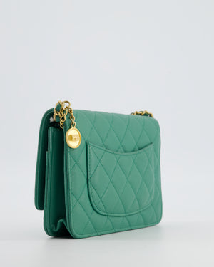 Chanel Teal Wallet on Chain Bag in Caviar Leather with Brushed Gold Hardware and Medallion Chain