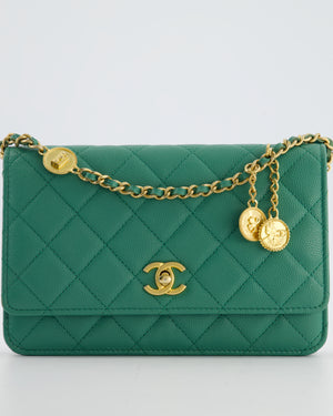 Chanel Teal Wallet on Chain Bag in Caviar Leather with Brushed Gold Hardware and Medallion Chain