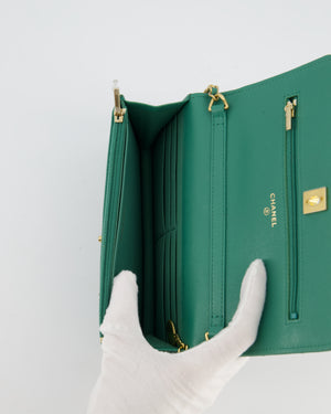 Chanel Teal Wallet on Chain Bag in Caviar Leather with Brushed Gold Hardware and Medallion Chain