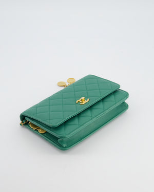 Chanel Teal Wallet on Chain Bag in Caviar Leather with Brushed Gold Hardware and Medallion Chain