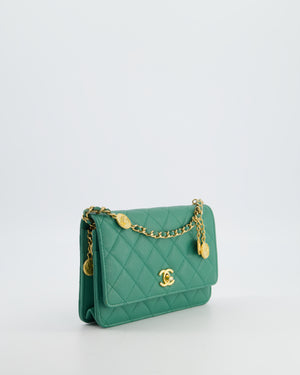 Chanel Teal Wallet on Chain Bag in Caviar Leather with Brushed Gold Hardware and Medallion Chain