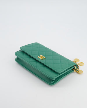 Chanel Teal Wallet on Chain Bag in Caviar Leather with Brushed Gold Hardware and Medallion Chain